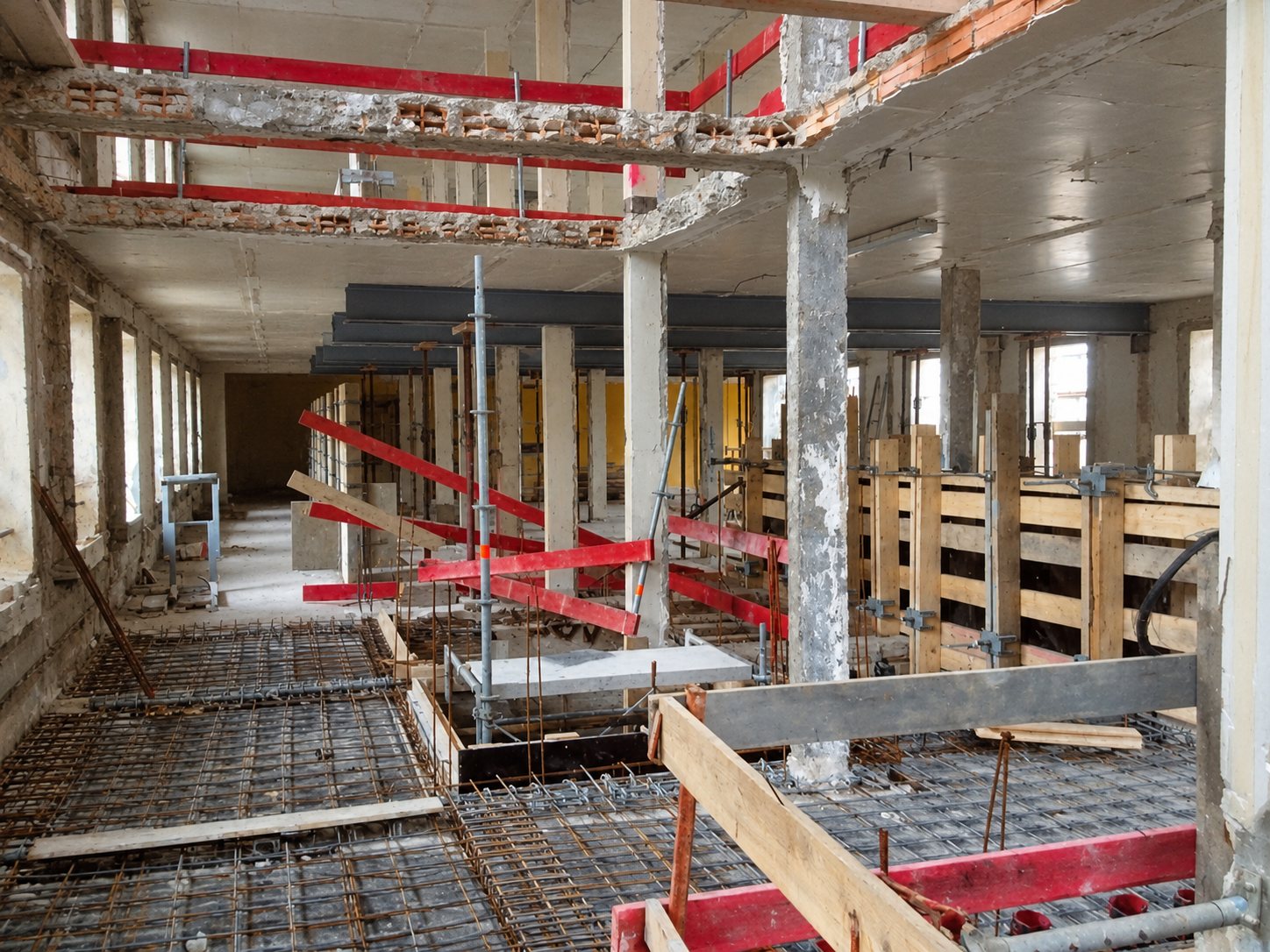 Vaste plateau de bâtiment en rénovation avec dalle ferraillée, étais rouges, coffrages en bois et poteaux en béton.