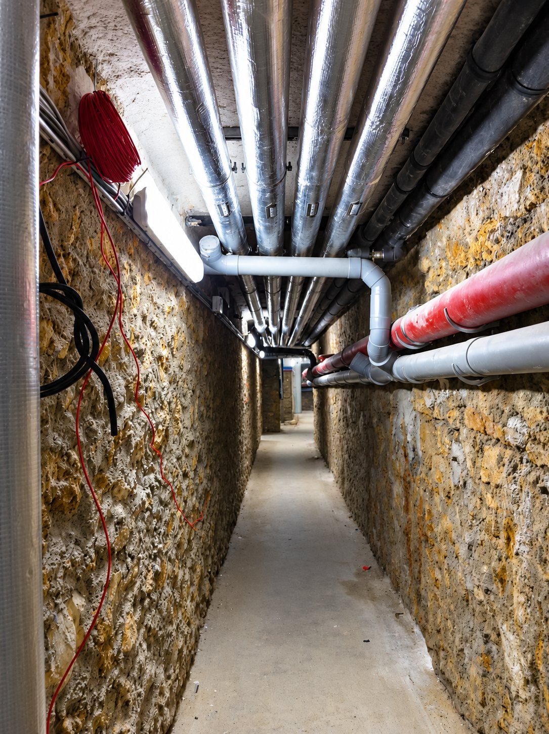 Un étroit couloir souterrain aux murs de pierre brute, parcouru par des tuyaux isolés, des conduites rouges et grises et éclairé par des néons.