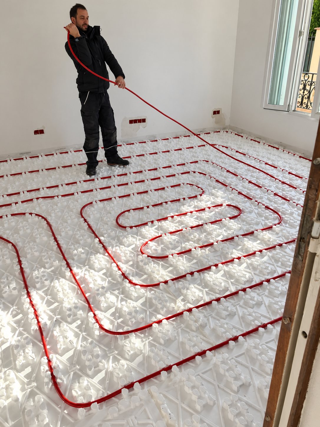 Un ouvrier tient un tuyau rouge de plancher chauffant posé en serpentin sur des plots isolants blancs dans une pièce en rénovation.