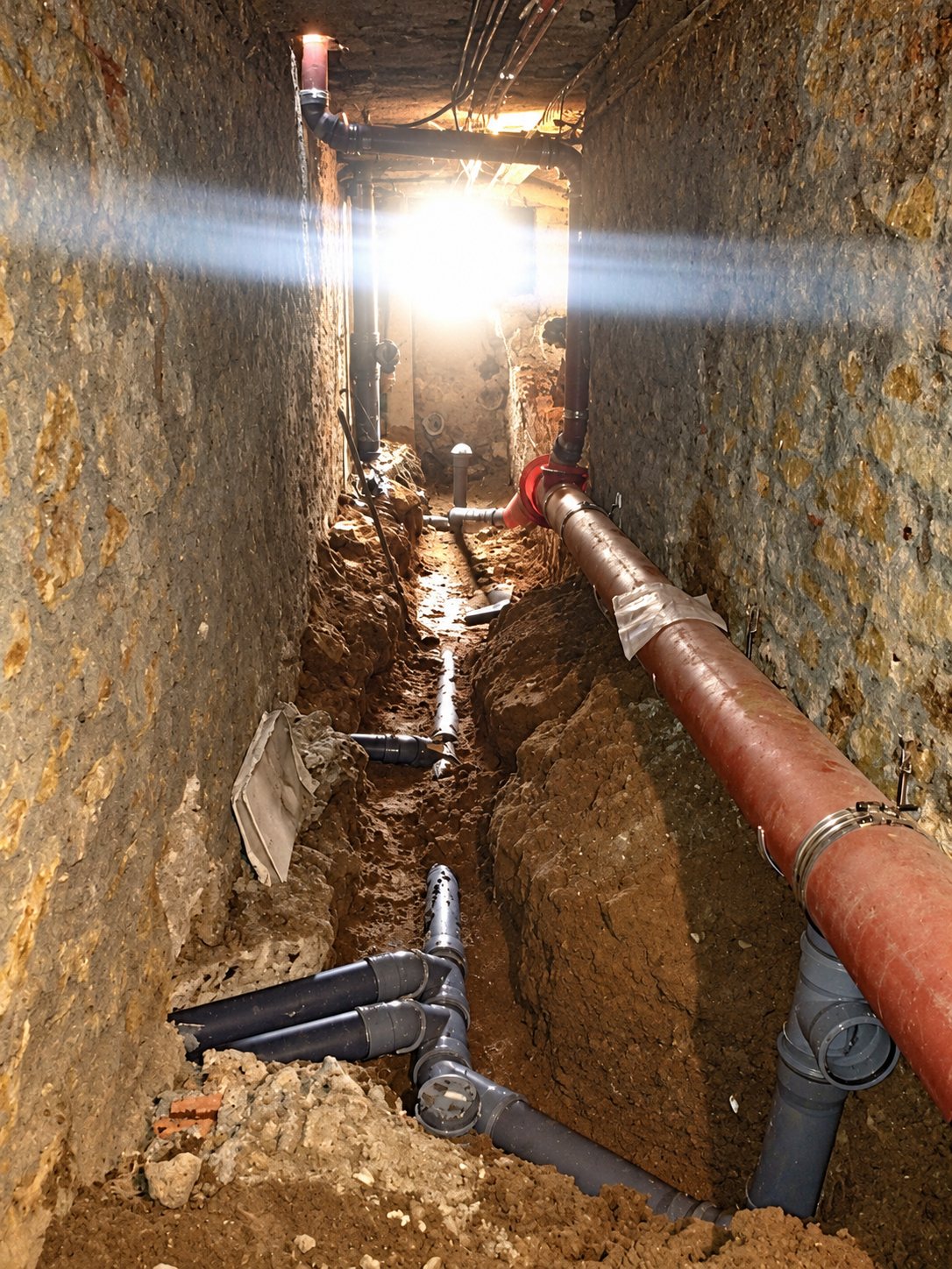 Une étroite tranchée creusée dans un sous-sol entre deux murs en pierre, où l’on voit des tuyaux d’évacuation gris posés dans la terre et une grosse canalisation rouillée sur la droite.